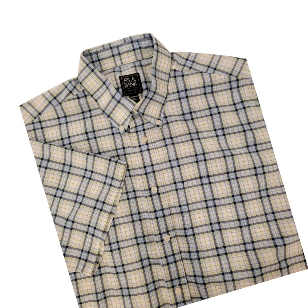 Jos A Bank Traveler Tailored Fit Plaid Short Sleeve Button Down Shirt‎ Mens XL